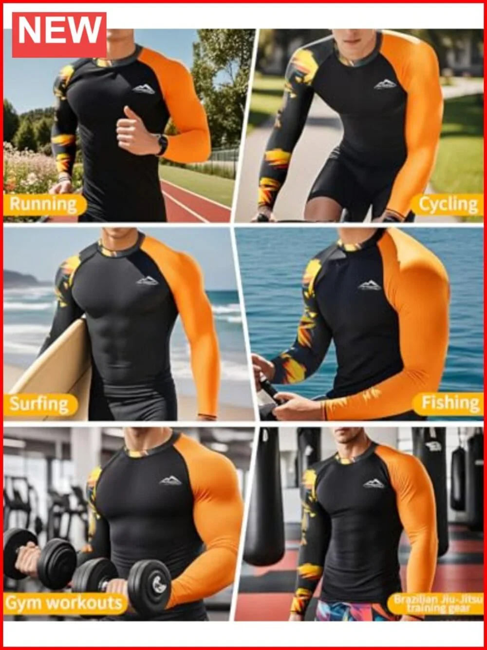 Men's UPF 50+ Long Sleeve Rash Guard Compression Athletic Shirt Quick Dry
